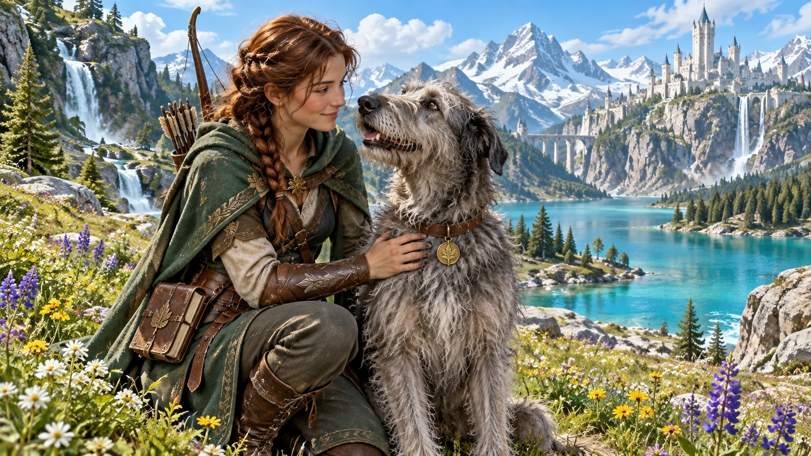 Illustrated fantasy ranger bonds with a shaggy animal companion beside a mountain lake and castle.