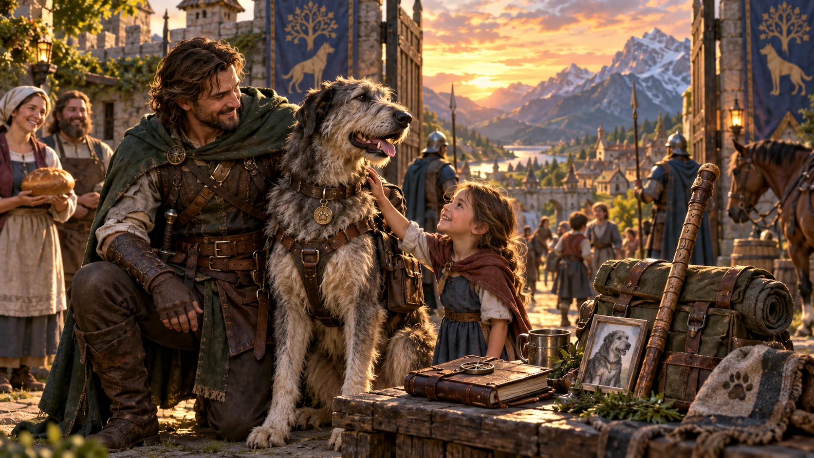 Illustrated adventurers and a child greet an animal companion beside travel gear and an animal profile in a castle courtyard.