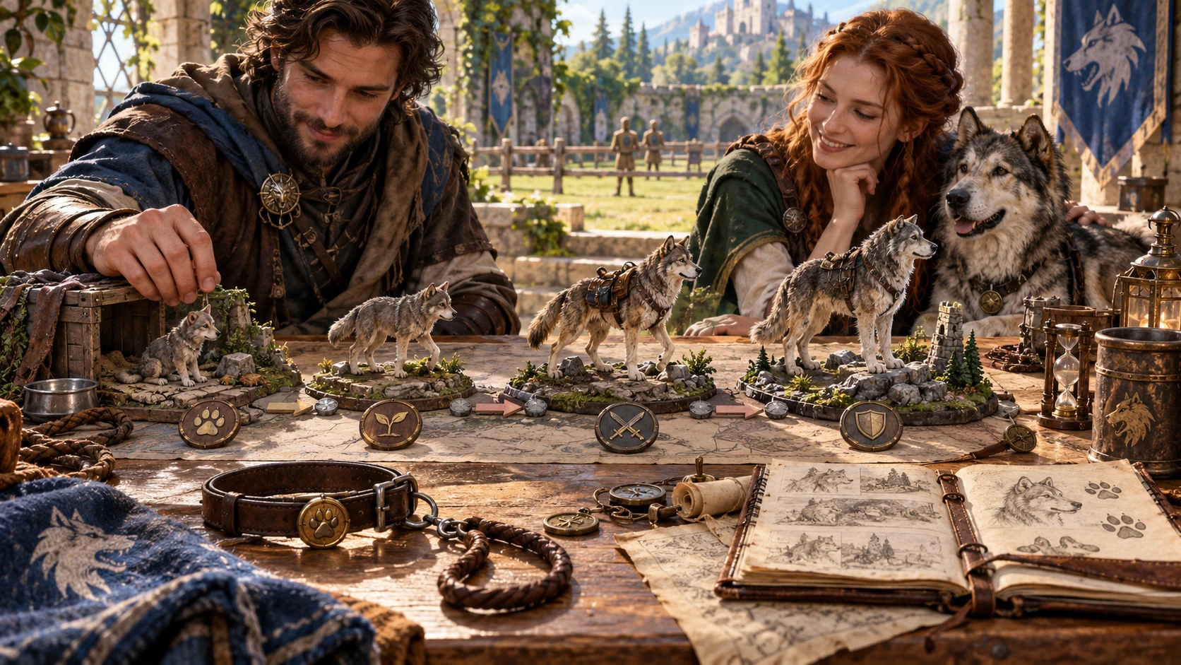 Illustrated adventurers consider an animal companion’s growth and roles using miniature models, journals and equipment.